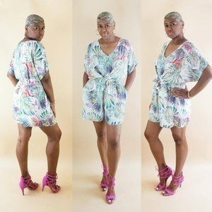 Floral Tropical Print Tie Front Romper Multicolor